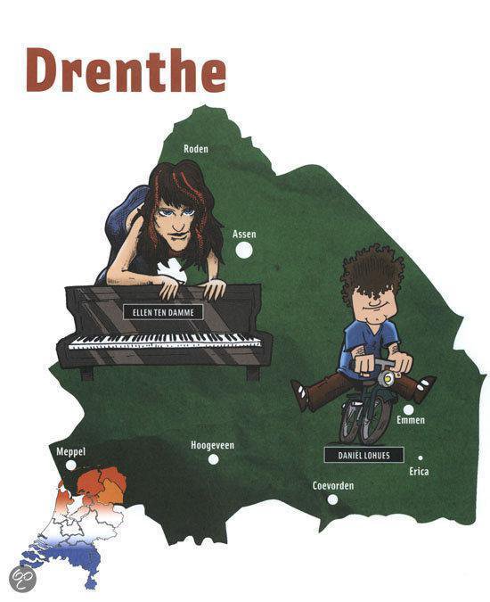 Kaart van Drenthe met een vrouw bij een piano en een man op een fiets.