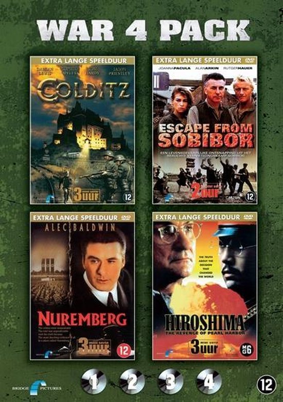 DVD-hoes met de titels Colditz, Escape from Sobibor, Nuremberg en Hiroshima. Vier oorlogsfilms.