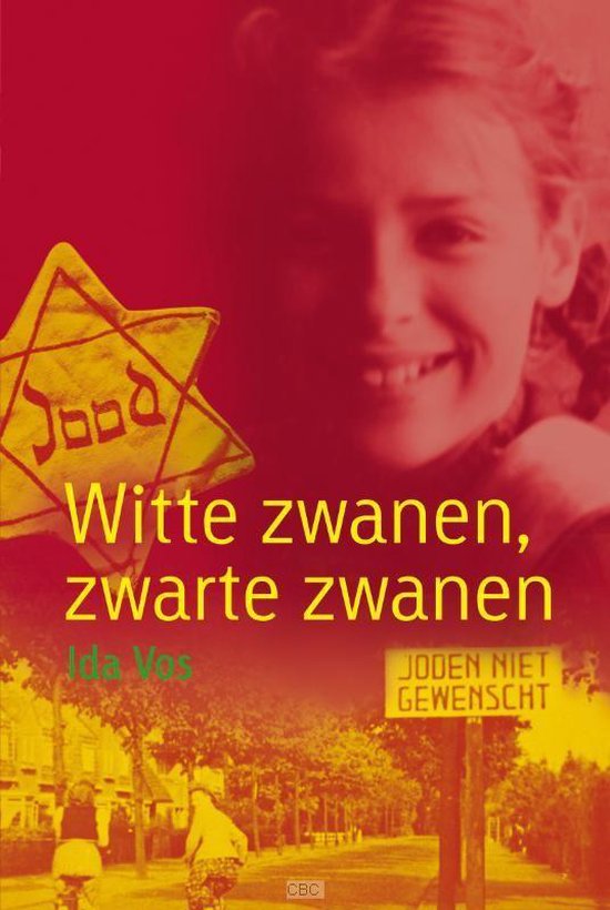 Boekomslag met een glimlachend meisje, een Jodenster en een straatbeeld met een bord 'Joden niet gewenst'.