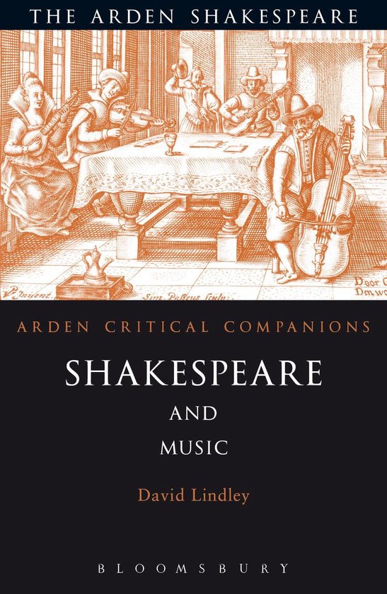 Boekomslag met een gravure van een muzikaal feest in een renaissancezaal, titel Shakespeare and Music.