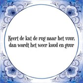 Tegeltje met Spreuk (Tegeltjeswijsheid): Keert de kat de rug naar het vuur, dan wordt het weer koud en guur + Kado verpakking & Plakhanger