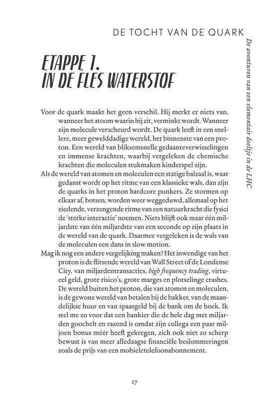 Pagina uit een boek met tekst over de wereld van de protonen, kwark en de Large Hadron Collider.