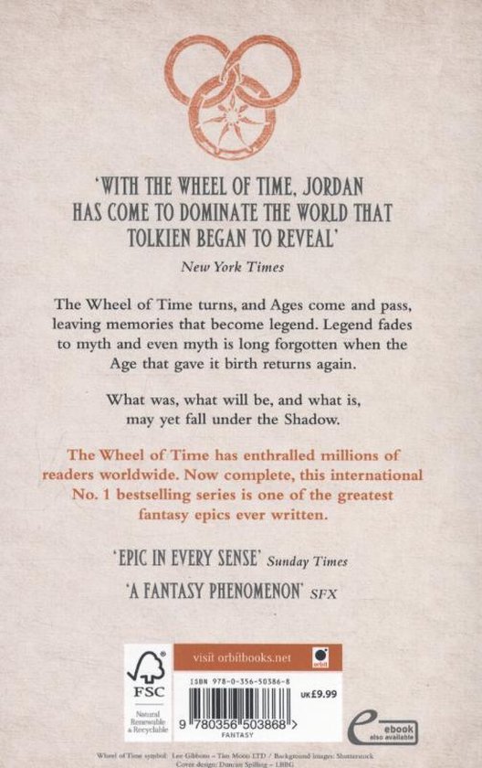 Achterkant van 'The Fires of Heaven' boek met tekst en de Wheel of Time symbool.