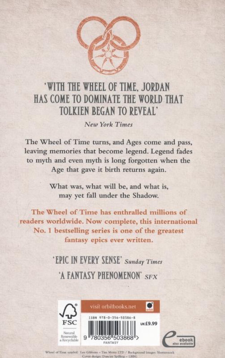Achterkant van 'The Fires of Heaven' boek met tekst en de Wheel of Time symbool.