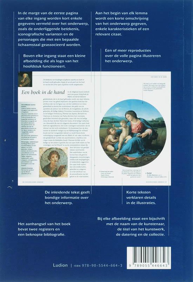 Boek met kunstwerken en beschrijvingen. Centraal een schilderij van Maria met kind.