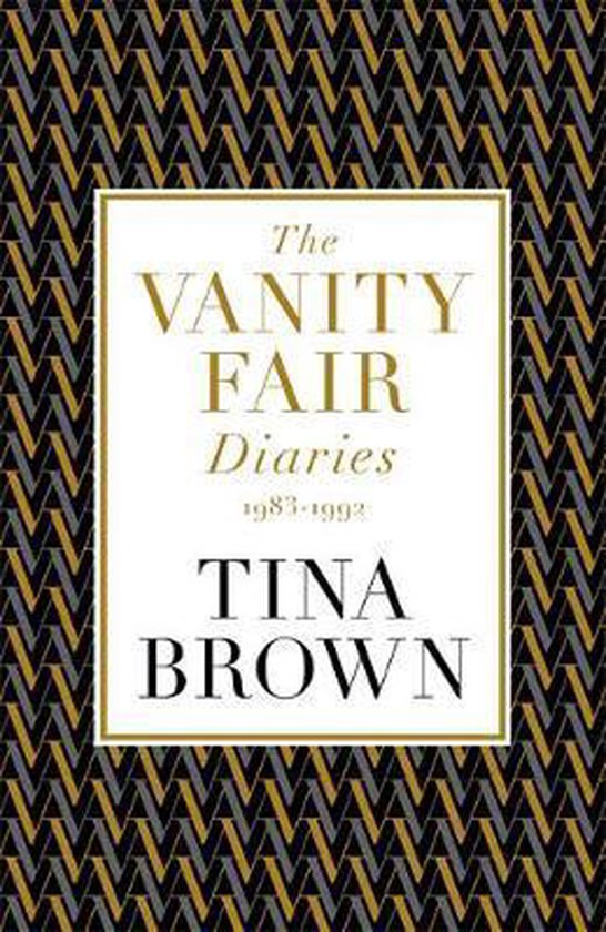 Het boek The Vanity Fair Diaries 1983-1992 van Tina Brown, met een zwarte, gouden en grijze geometrische achtergrond.