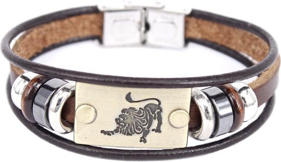 Montebello Armband Leeuw - Leer - Messing - Staal - Horoscoop - 19cm