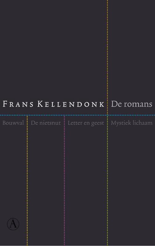 Boekomslag: 'De romans' van Frans Kellendonk. Titel en namen in witte letters op donkere achtergrond. Verticale stippellijnen.