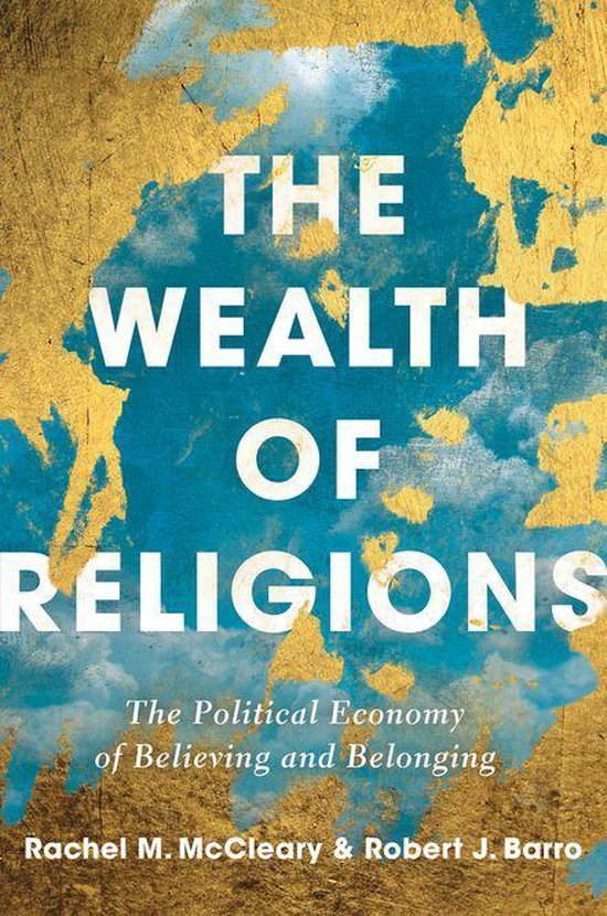 Boekomslag van The Wealth of Religions met goudkleurige details tegen een blauwe wolkenlucht.