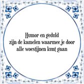 Tegeltje met Spreuk (Tegeltjeswijsheid): Humor en geduld zijn de kamelen waarmee je door alle woestijnen kunt gaan + Kado verpakking & Plakhanger