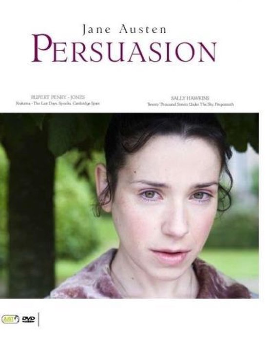 Jane Austen's "Persuasion" met Sally Hawkins en Rupert Penry-Jones. Dichtbij opname van de actrice in een bruine jas.