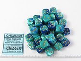 Chessex Gemini Blue-Teal/gold D6 12mm Dobbelsteen Set (36 stuks)