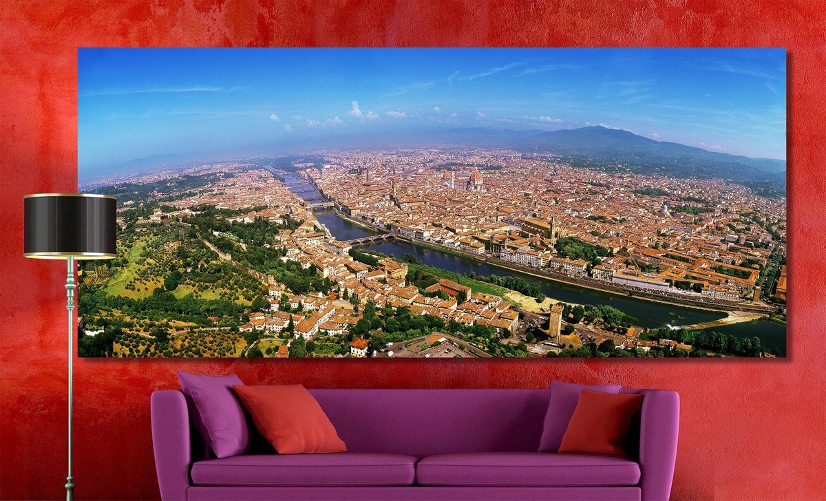 Florence in Panorama | 250 x 100 cm | Foto op Canvas | Luchtfoto | Wanddecoratie | Skyline | Bijzonder Gedetailleerd | Firenze | Toscane