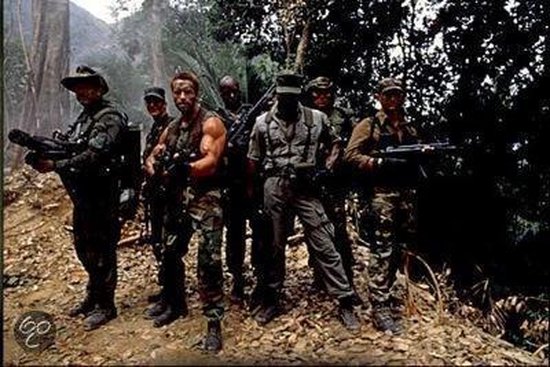 Groep van zeven soldaten in camouflagekleding in een jungle met wapens.