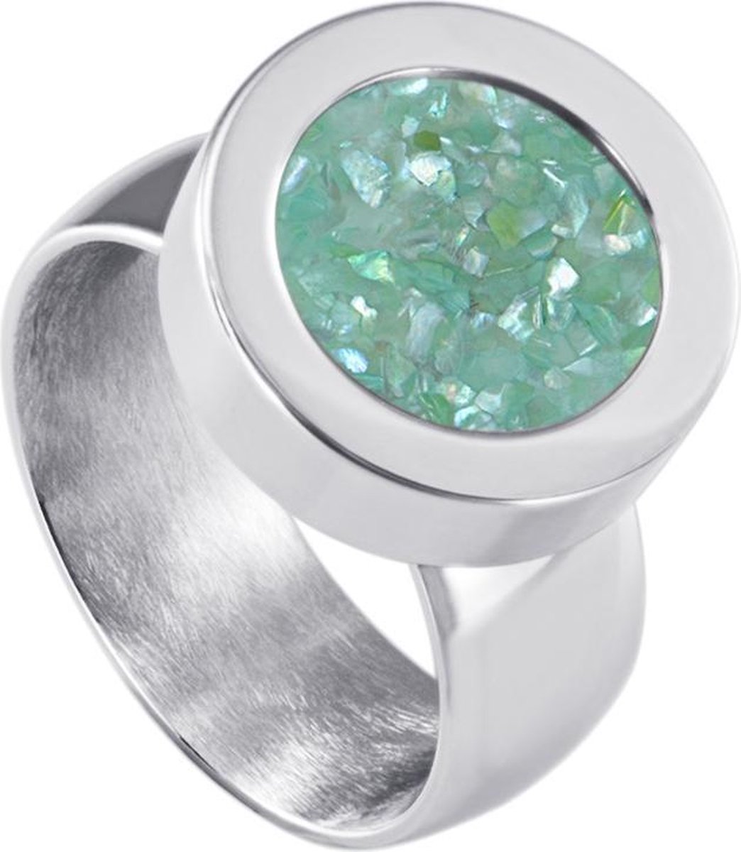 Quiges RVS Schroefsysteem Ring Zilverkleurig Glans 17mm met Verwisselbare Turkoois Vlokjes Schelp 12mm Mini Munt