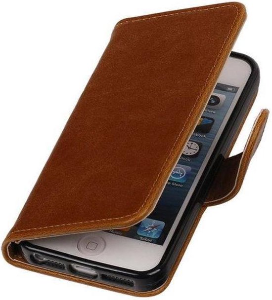 Bruin vintage lederlook bookcase voor de geschikt voor iPhone 5 5S SE wallet... |