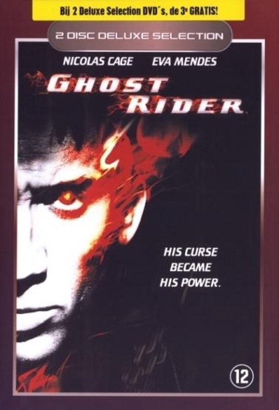 DVD-hoes van Ghost Rider met Nicolas Cage, Eva Mendes en de tekst "His Curse Became His Power."