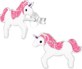 Fako Bijoux® - Kinderoorbellen - 925 Zilver - Eenhoorn - Unicorn - 15x11mm - Roze Glitter
