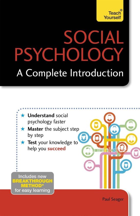 Boek 'Social Psychology: A Complete Introduction' van Teach Yourself, met een afbeelding van verbonden mensen en tekst over leren.