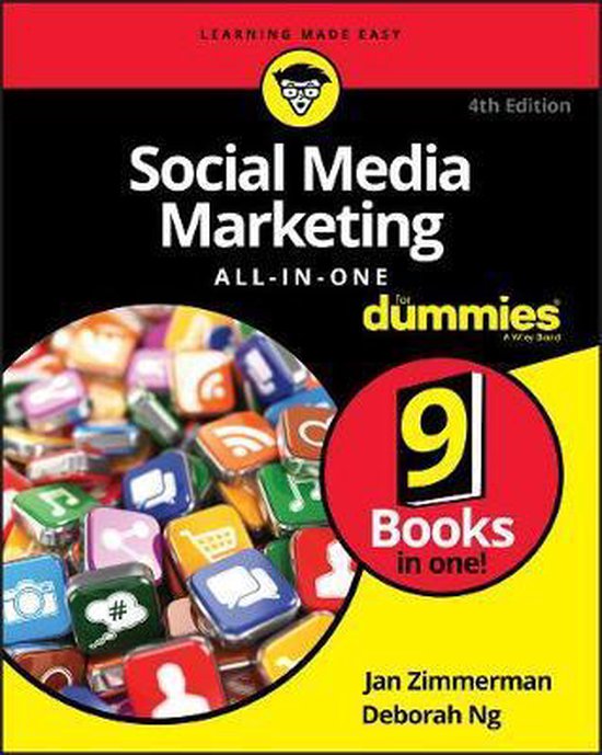 Boekomslag voor Social Media Marketing All-in-one for Dummies, 4e editie, met pictogrammen van sociale media en "9 Boeken in één!".