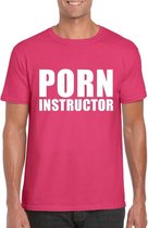 Porn instructor tekst t-shirt roze heren XL