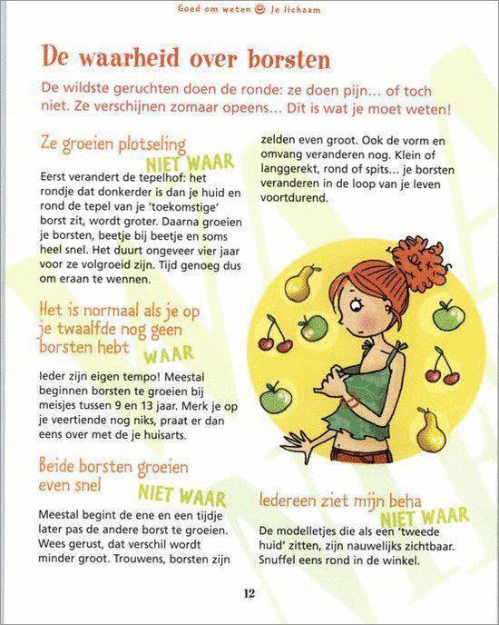 Pagina over borsten met tekst en illustratie van een meisje omringd door fruit.