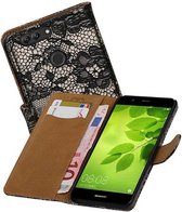 Lace Bookstyle Wallet Case Hoesjes voor Huawei Nova 2 Plus Zwart