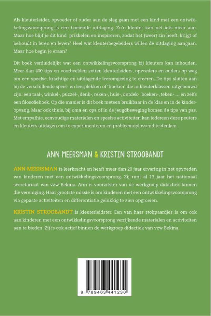 Achterkant van het boek 'Kleuters die nét iets meer kunnen' met tekst over de inhoud en de auteurs Ann Meersman en Kristin Stroobandt.
