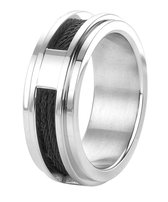 Lucardi Heren Ring met zwarte kabel - Ring - Cadeau - Staal - Zilverkleurig