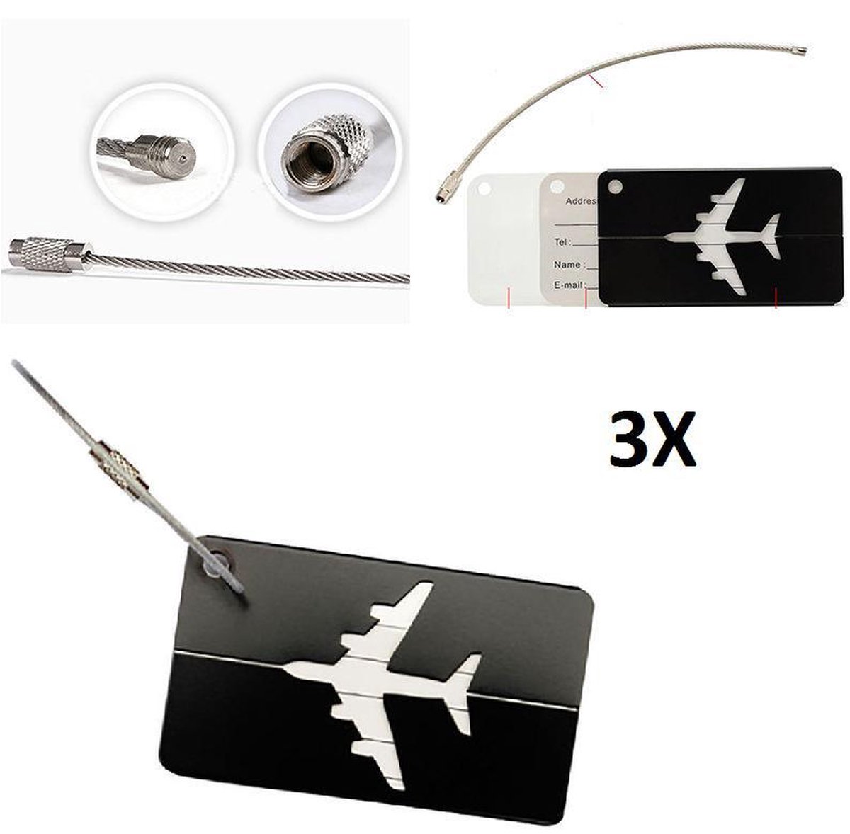 Bol.com 3x Aluminium Bagagelabel - Kofferlabel / Adres Label Voor Koffer Tas & Bagage - Zwart aanbieding