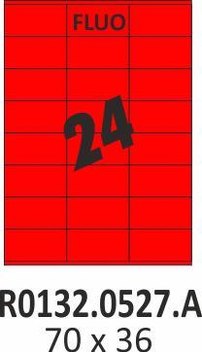 Rayfilm R0132.0527.A │ FLUO ROOD zelfklevend papier │ 70x36mm │ 24 per vel │ H24-3S │ 2400 etiketten │ 100 vel │ LASER KOPIER
