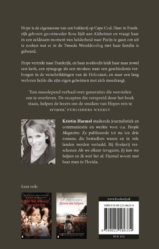 Achterkant van het boek met tekst en een foto van de auteur.