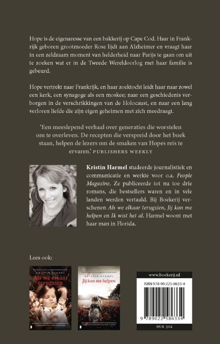 Achterkant van het boek met tekst en een foto van de auteur.