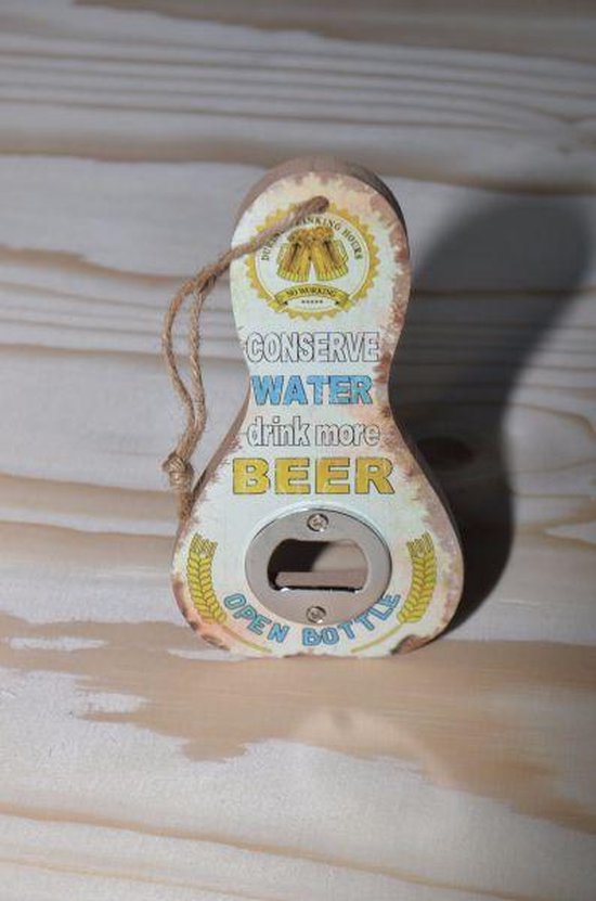 Flesopener met tekst - Hout - Wit - 15 x 8 cm‎‎