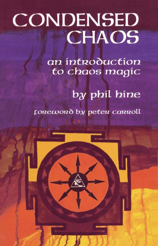 Livre 'Condensed Chaos' avec un fond abstrait violet et orange. Au centre, un symbole jaune avec un cercle rouge et des flèches noires.