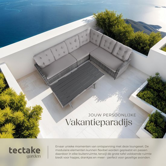 tectake® Wicker zitgroep tuinbank - Loungeset met bank en eettafel - Hoekbank - Buitenlounge - Zithoek - Weerbestendig - Tuin, balkon, wintertuin, terras - Zithoogte 41 cm - Grijs
