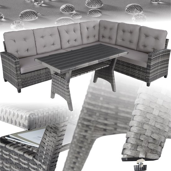 tectake® Wicker zitgroep tuinbank - Loungeset met bank en eettafel - Hoekbank - Buitenlounge - Zithoek - Weerbestendig - Tuin, balkon, wintertuin, terras - Zithoogte 41 cm - Grijs