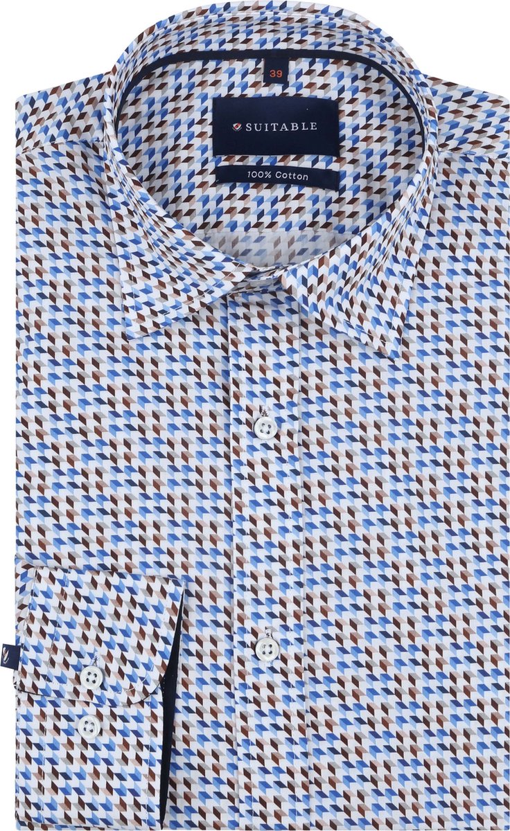 Suitable Overhemd Construct Print Blauw - Maat 39 - Heren - Overhemden Formeel
