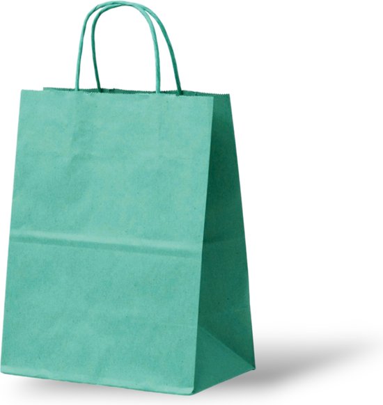 Sac fourre-tout en papier turquoise avec anses sur fond blanc.