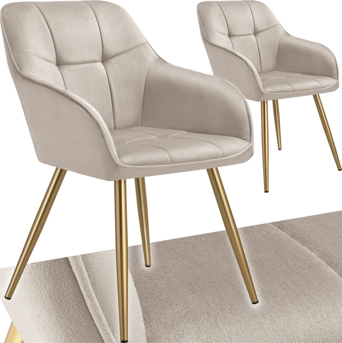 Tectake Eetkamerstoelen Marilyn - Set van 2 - Gestoffeerde Stoel in Fluweellook - Gecaptioneerd - Zwarte Stoelpoten - Ergonomische Keukenstoel - Doorlopende Rugleuning en Armleuningen - Stoel voor Woonkamer, Eetkamer, Slaapkamer - Taupe