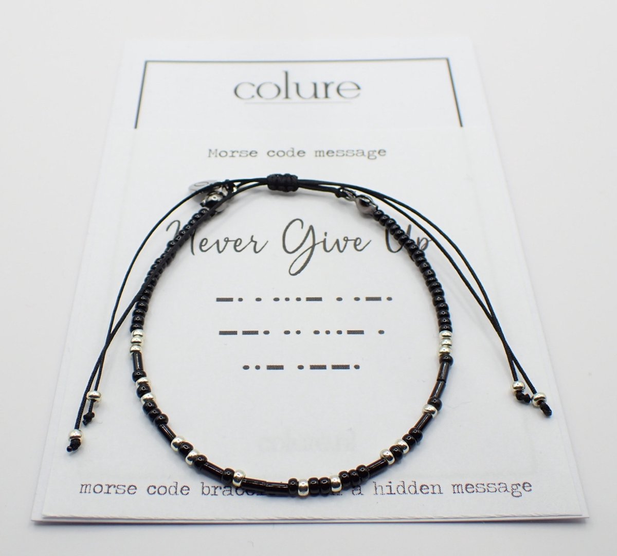 Colure® morse code armband glanzendzwart Never give up