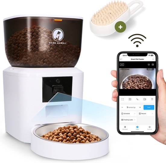Prime AnimalZ Automatische Voerbak met stoomborstel voor kat en hond - Voerautomaat Dispenser - voerbak kat enkel - met Camera - Full HD 1080P Camera met night vision - Two-way Audio - 4L- Wit
