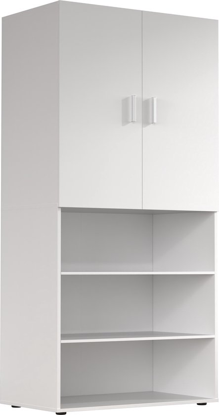 Gesloten witte kledingkast met een open gedeelte onderaan met drie legplanken.