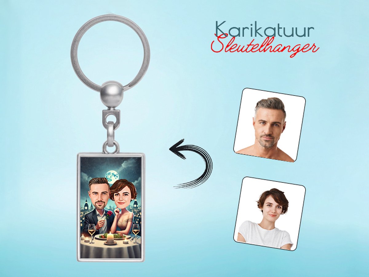 Romantisch Diner met Uitzicht op de Stad - Gepersonaliseerde Karikatuur Sleutelhanger - Gepersonaliseerd Cadeau - Met Jouw Foto - Verjaardag - Kerst - Valentijn - Uniek en Handgemaakt - Cadeau - Huwelijk - Moederdag - Vaderdag - Jubileum - Liefdevol