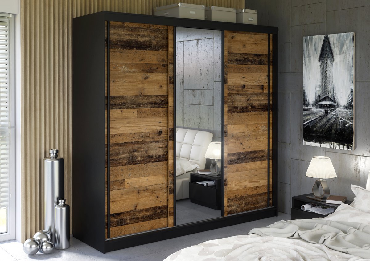 Pro-meubels - Kledingkast Montreal - 205cm - Zwart mat - Old wood - Met spiegel - Garderobekast - Slaapkamer - Schuifdeur