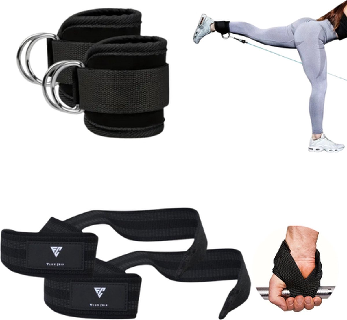 FluxGrip® Enkel- & Hand Straps – 2-Pack Combi Deal | Verstelbare Fitness Straps voor Katrolmachines | Enkelbanden & Polsbanden voor Kabelmachines, Weerstandsbanden & Krachttraining