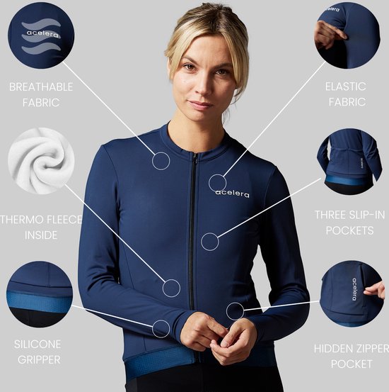Maillot de cyclisme polaire Acelera à manches longues, veste de cyclisme Dark Blue - Thermo - Veste de cyclisme - Veste de course cycliste - Veste de cyclisme - Femme - Maillot de cyclisme à manches longues - Taille M