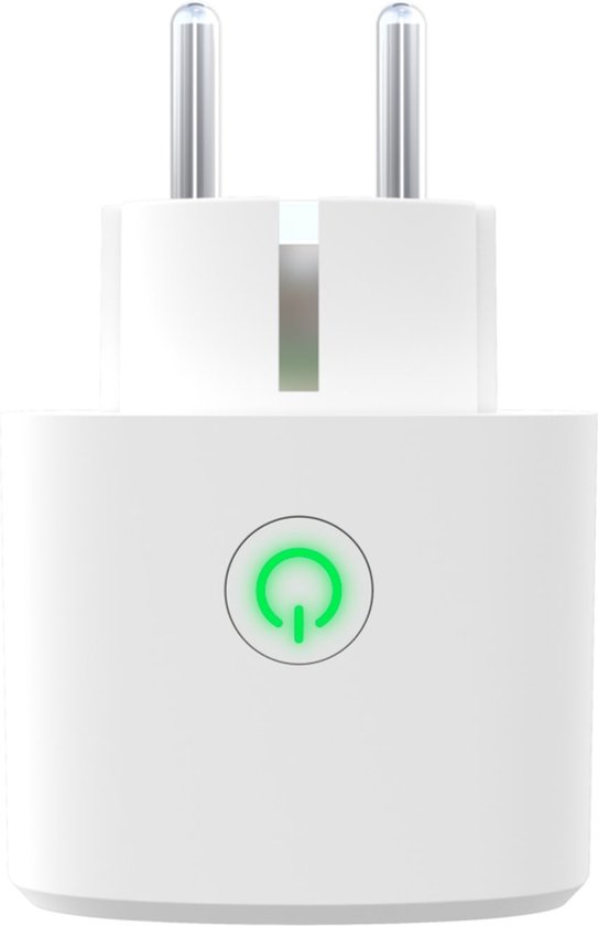 Witte slimme stekker met een groen oplichtende aan/uit-knop.
