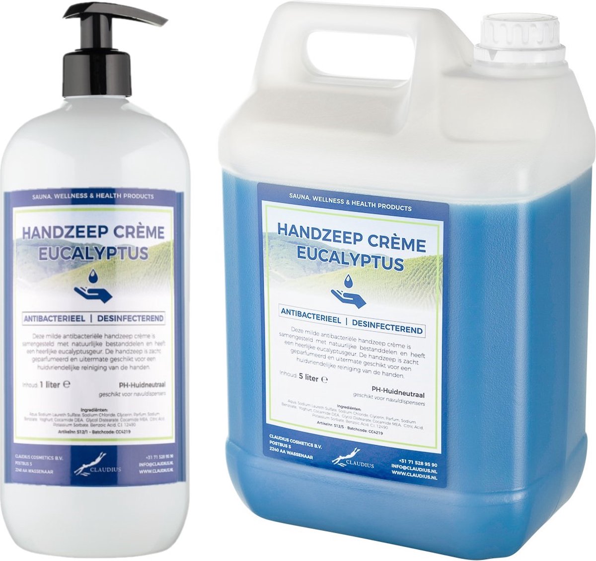 Handzeep Crème Eucalyptus 1 liter met gratis pomp - hervulbaar + Jerrycan 5 liter navulling
