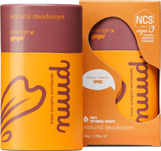 Oranje deodorantstick met de tekst 'nuud', sinaasappel x gember. De verpakking is ook oranje.